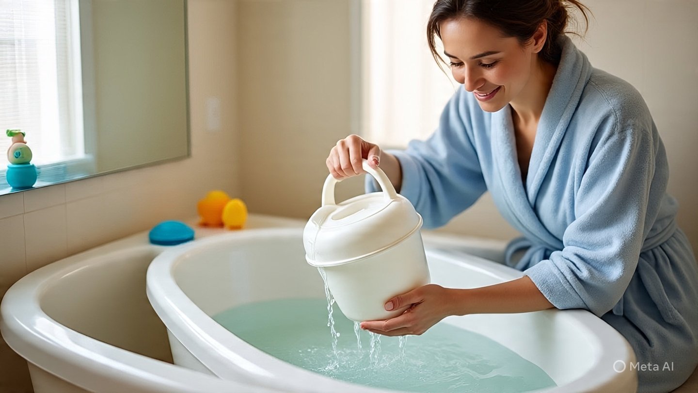 Mãe preparando a banheira com água morna para o banho em recém-nascido